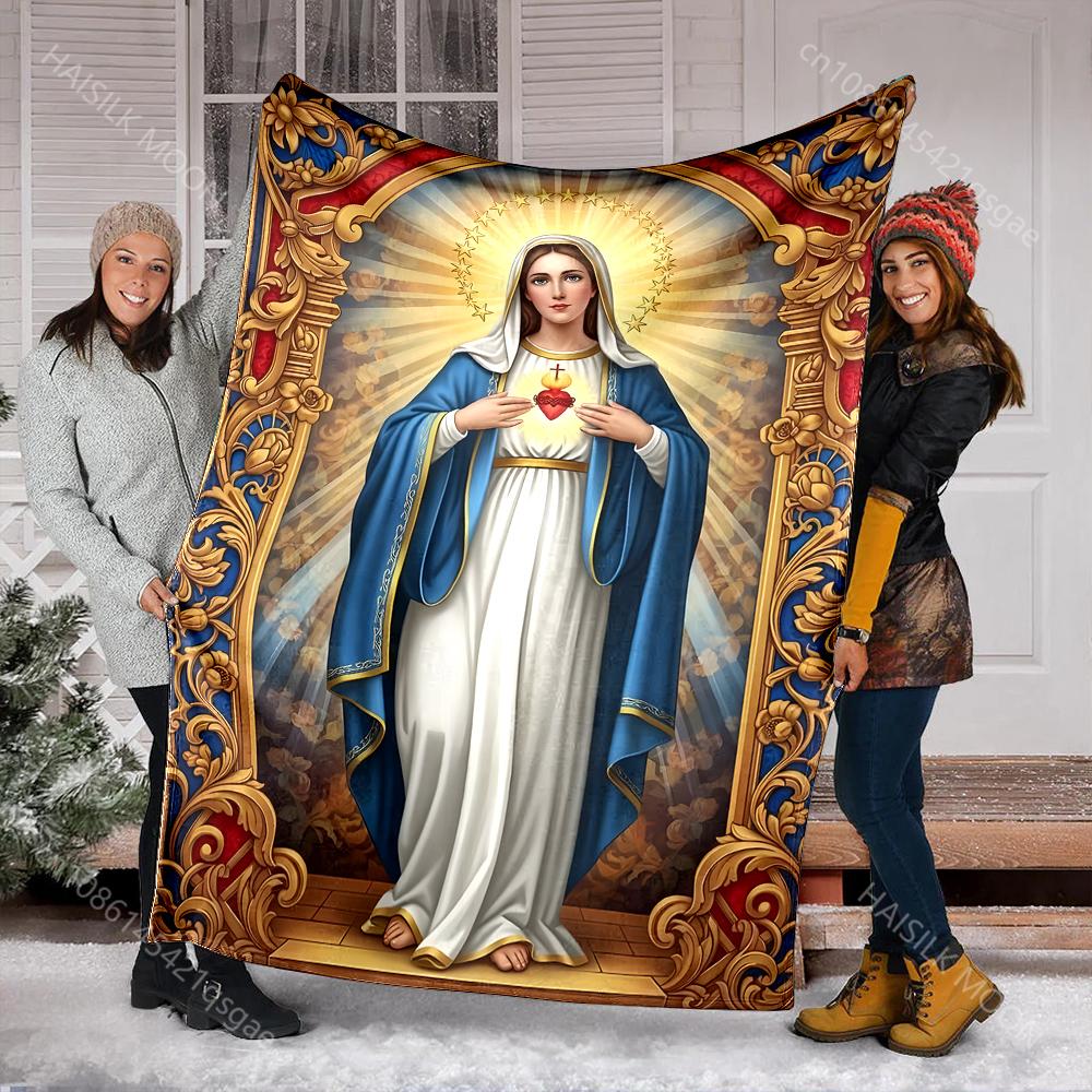 1PC Virgin Mary Sacred Heart Faith-printed Flannel Blanket Soft and Warm Suitable for Home Travel Picnics Camping and RV Use