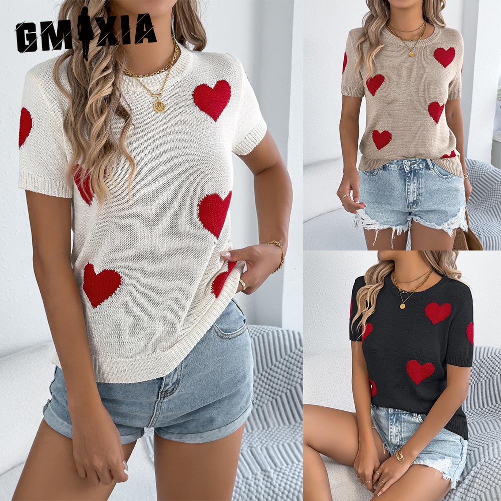 GMXIA Spring Summer Casual Color-blocking Heart-shaped Short-sleeved Knitted Sweater for Valentine's Day Women's Wear