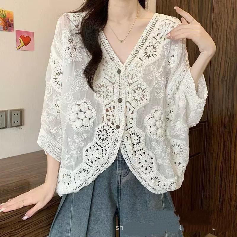 Boho Crochet Cardigan - Romantic Floral & Geometric Lace Cover-Up For Vacation & Daily Wear | Lightweight V-Neck Button-Up Knit