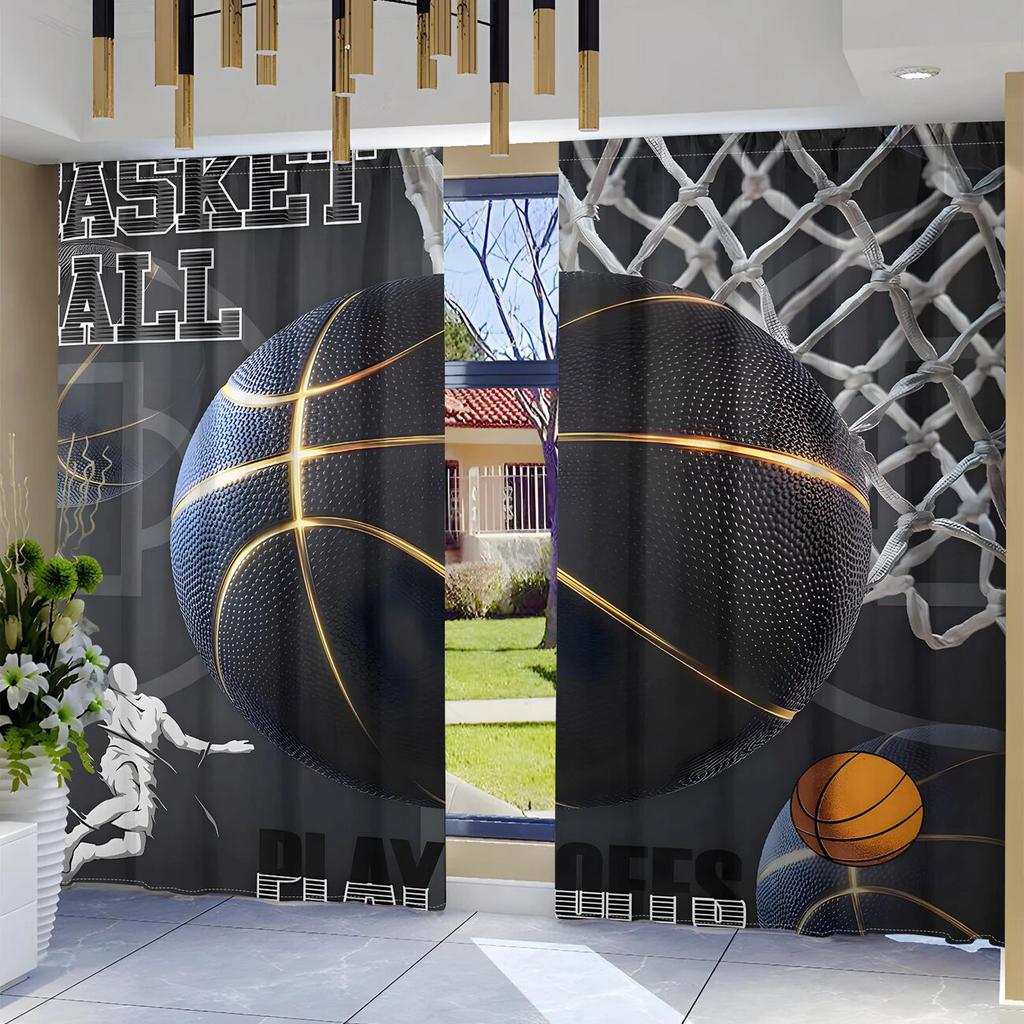 2 Stück Basketball moderne Kunst bedruckte Vorhänge, Stangentasche Raumdekoration, Heimdekoration