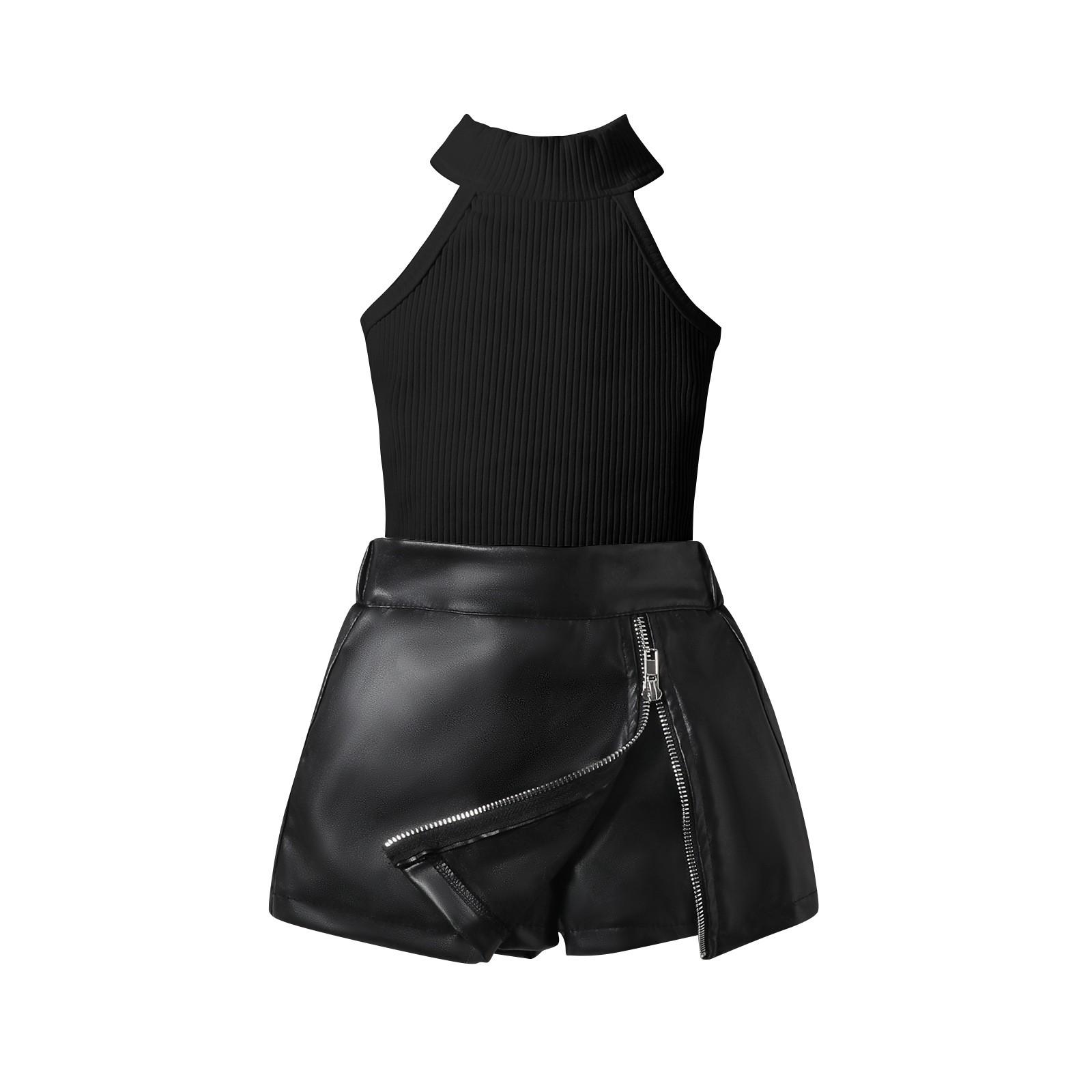 

Новый летний полосатый жилет для девочек + шорты из искусственной кожи, юбка для маленьких и средних детей 130 чёрный