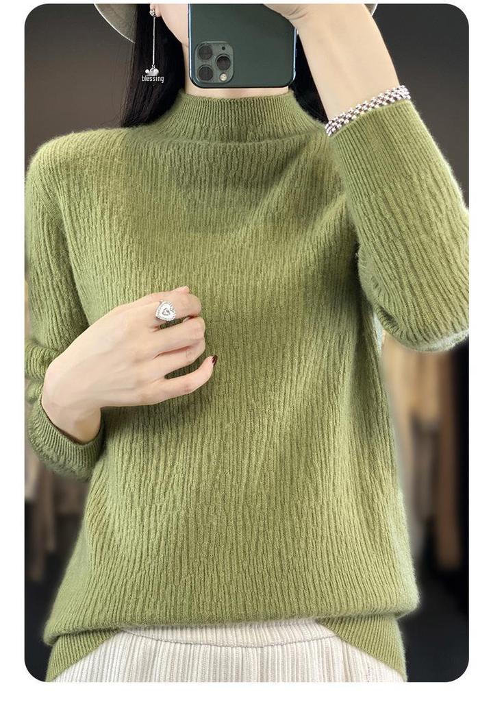 Women's 100% Pure Wool Half-High Collar Sweater - Loose Fit, Solid Color, Versatile Knitwear for Fall/Winter 2024.