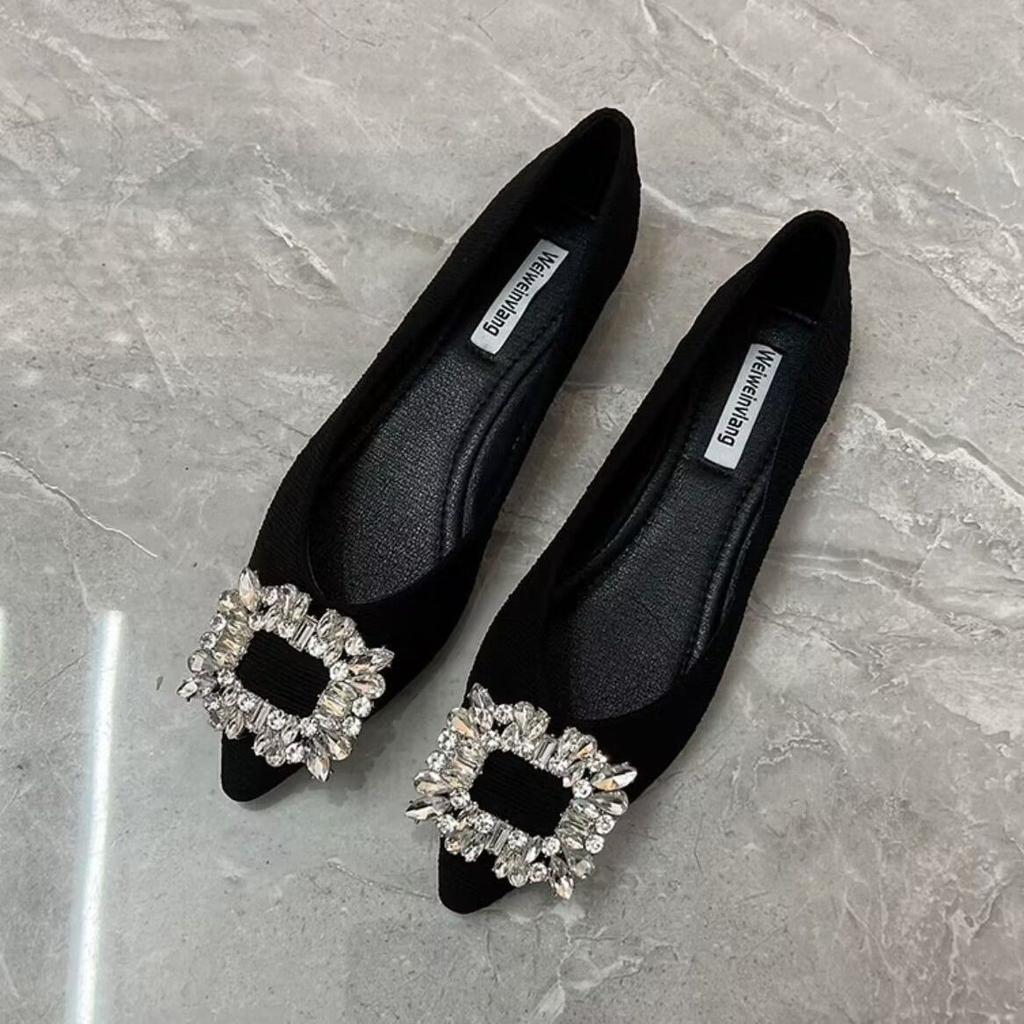 shallow rhinestone square buckle single shoes spring and autumn low heel fashion pointed work shoes women's flats