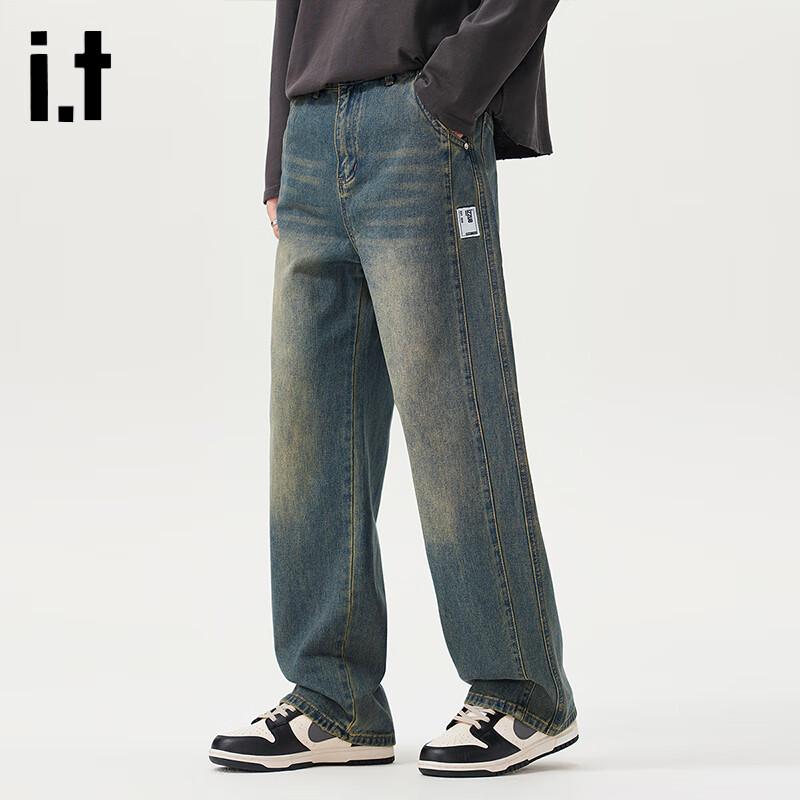 izzue Men's Retro Loose Straight Washed Jeans