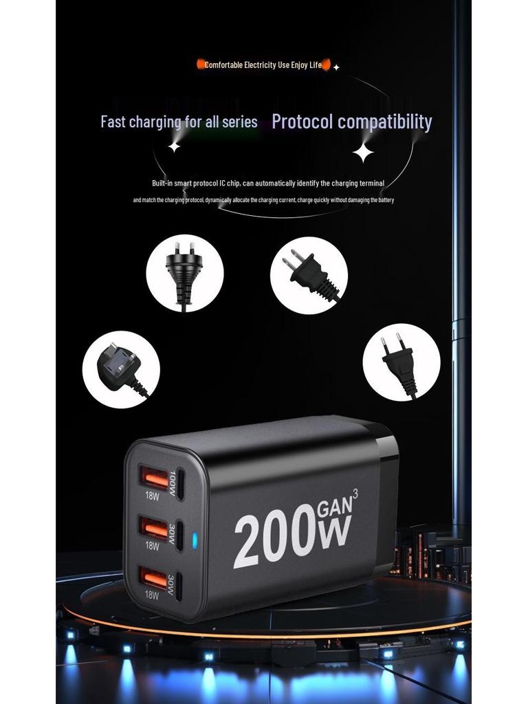 200W GaN Multi-Port PD Charger - Universal High-Power Charging for Phone & Tablet, Travel-Friendly