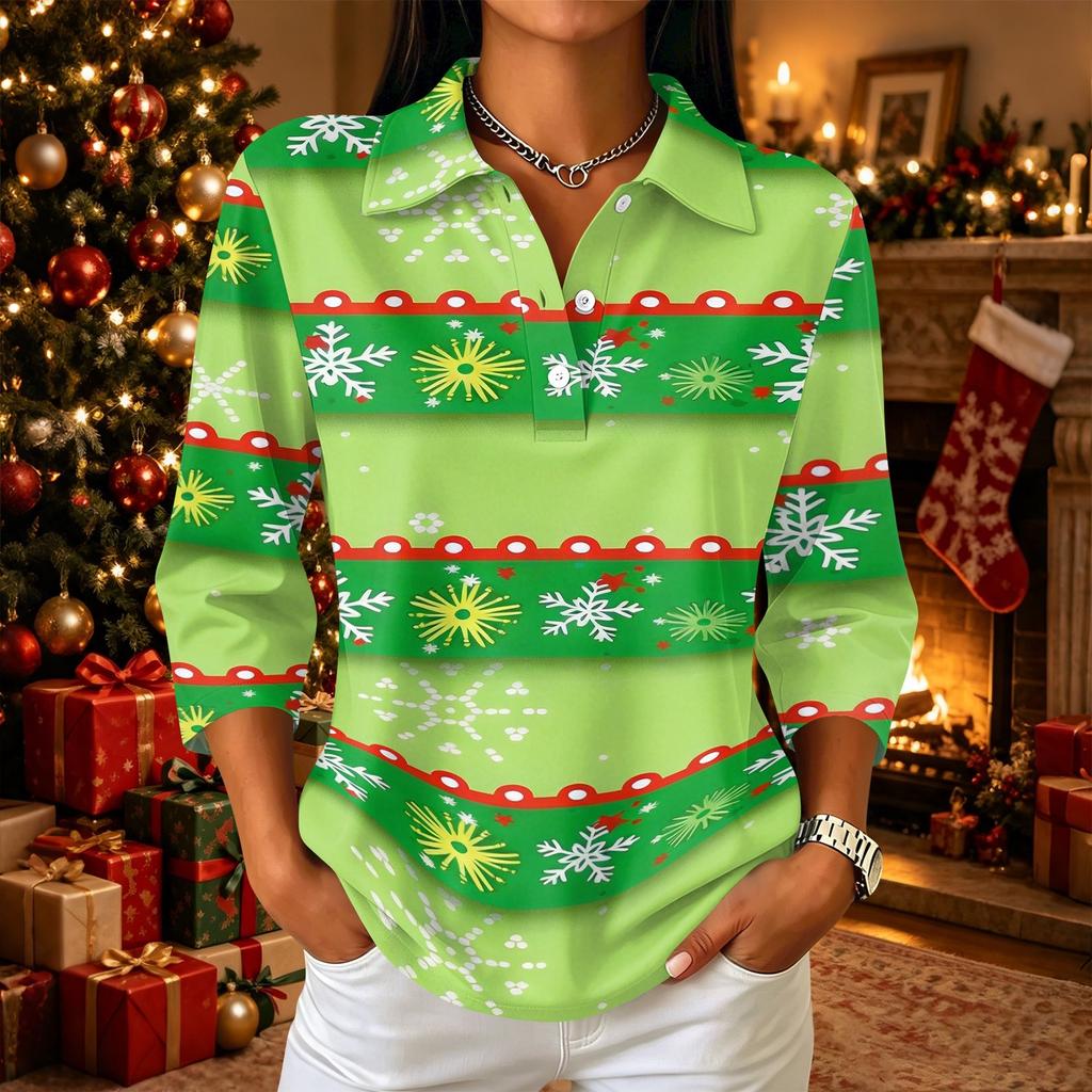 Women's Casual Christmas Print Button-Front 3/4 Sleeve Collared Blouse Top for Holiday Party