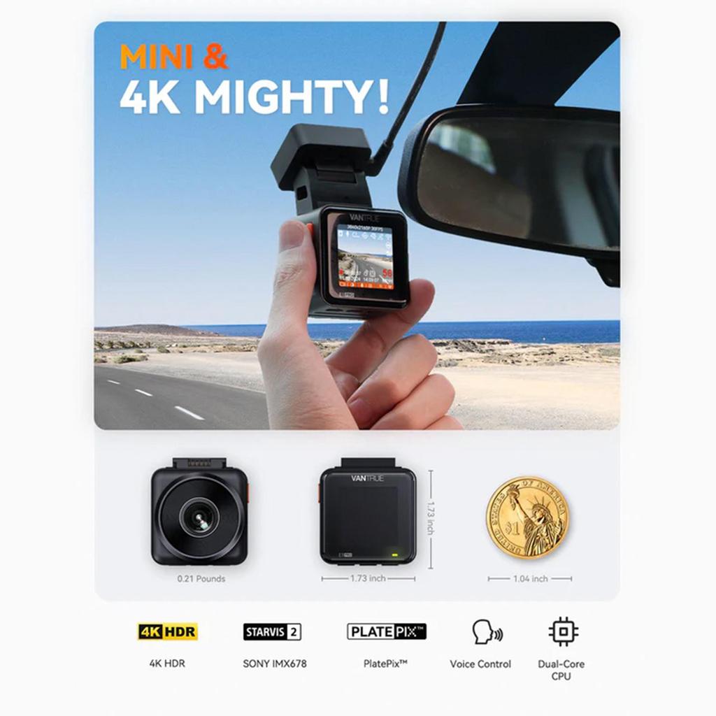 VANTRUE E1 Pro 4K Mini Dash Cam Front, STARVIS 2 PlatePix™ HDR Night Vision Car Camera, 5G WiFi GPS