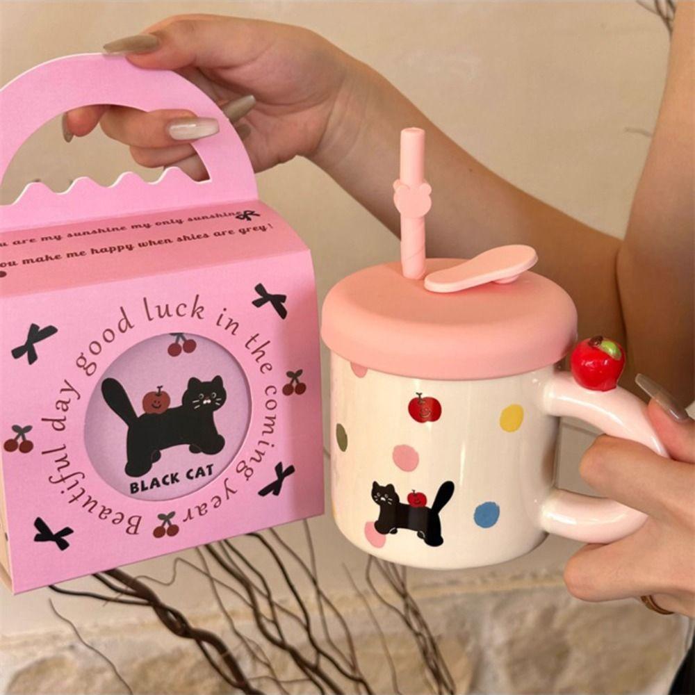with Straw Ceramic Coffee Mug Cute Cat Pattern Water Cup with Lid Cute Drinking Cup  Birthday Gift