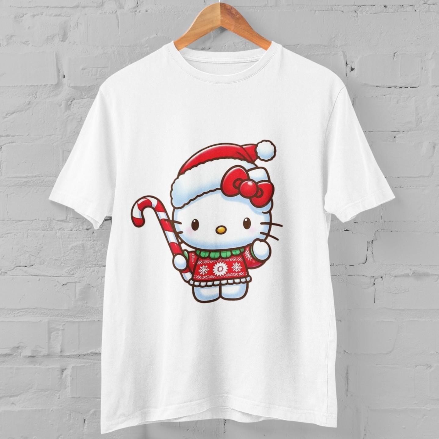 Cute Cartoon Cat Hello Kitty Santa Christmas T-Shirt Graphic Kawaii Holiday Tee L