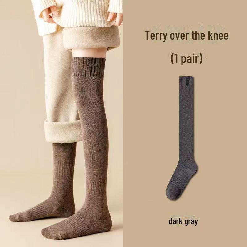 

Женские толстые теплые махровые носки выше колена - однотонные, впитывающие пот, в студенческом стиле One Size