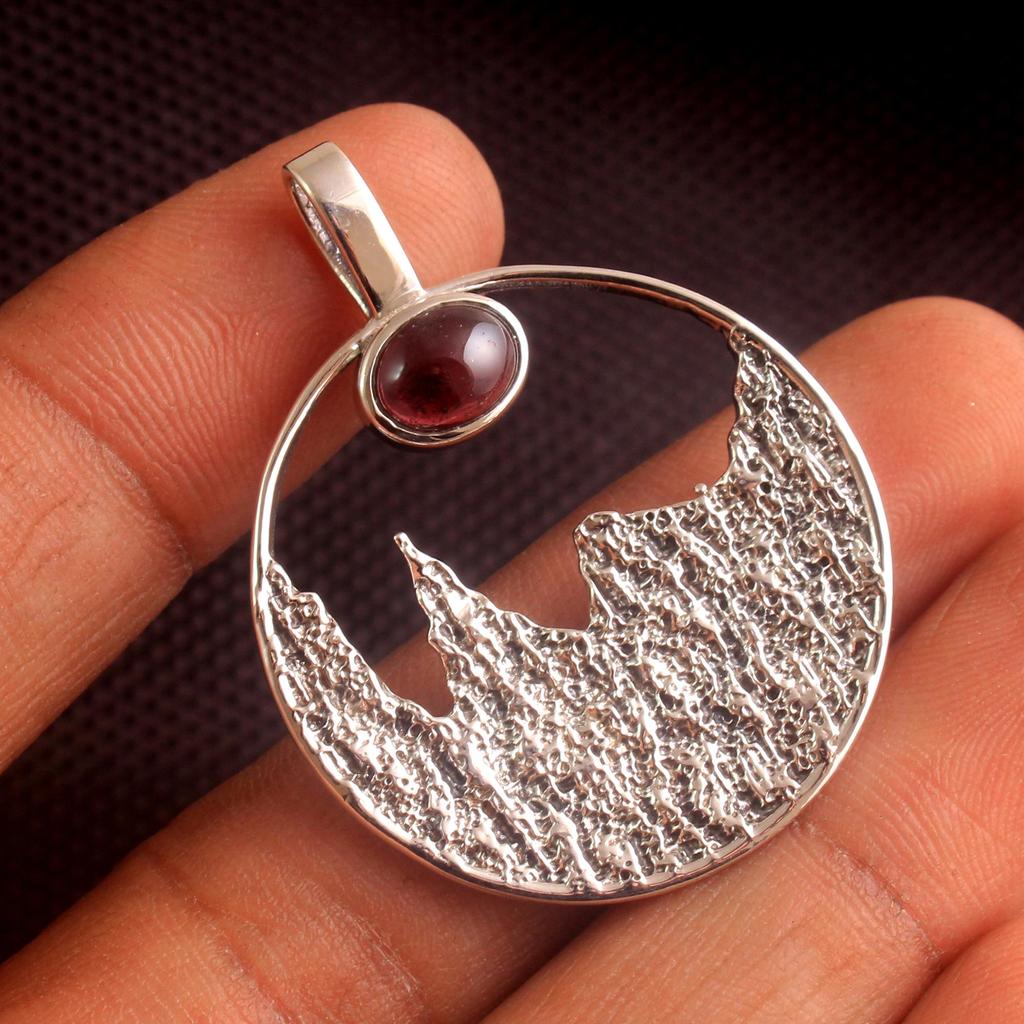 Pendentif En Argent Sterling 925 Avec Grenat Du Mozambique - Pierre Poire 10+ Carats, Fait Main, Neuf