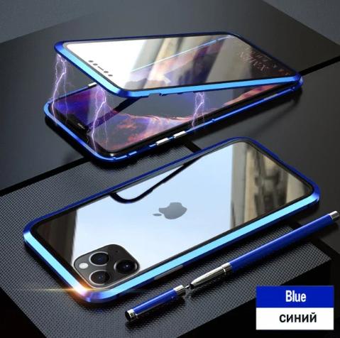 

360 Magnetic Adsorption Metal Case For iPhone 15 Pro Max 14 13 12 8 XR X 16 Plus Double-Sided Glass Case For iPhone Magnet Cover For iPhone 16 Pro Max синій