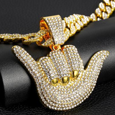 Hip Hop Nummer 6 Gesten Anhänger Halsketten Mit 15mm Kubanischer Kette Mode Bling Kristall Persönlichkeit Cool Schmuck Für Männer Frauen
