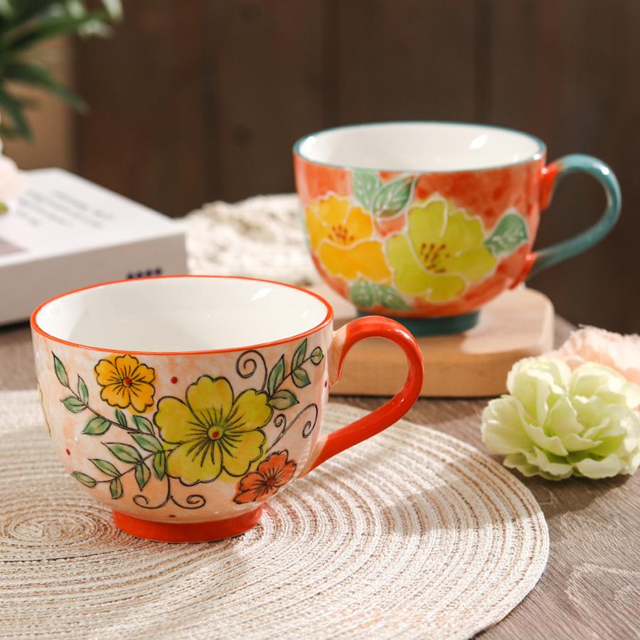 Rustikale handbemalte florale Keramik-Frühstückstasse, 500 ml Fassungsvermögen, Kaffeetasse mit buntem floralem Muster, Haushaltsmilchtasse