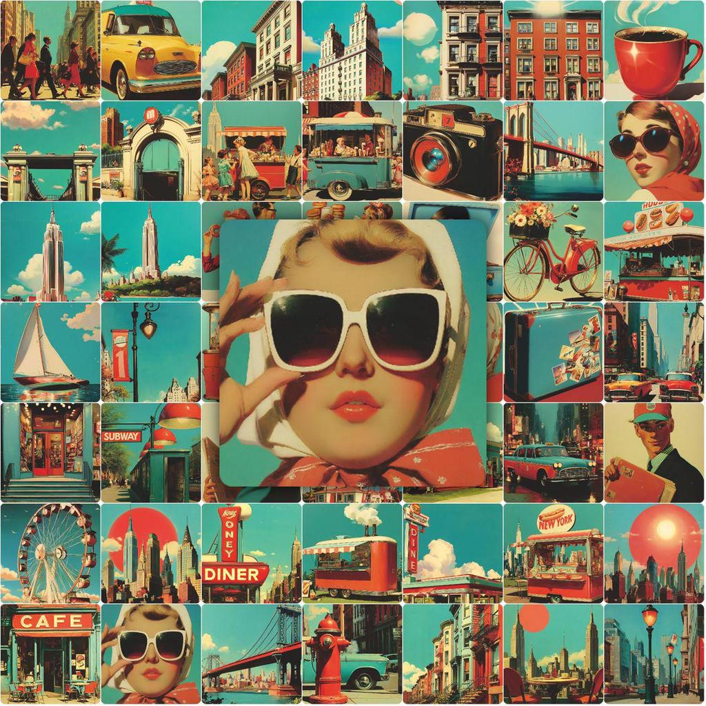 50 Autocollants Rétro Scenery de Villes Américaines pour Scrapbooks & Carnets