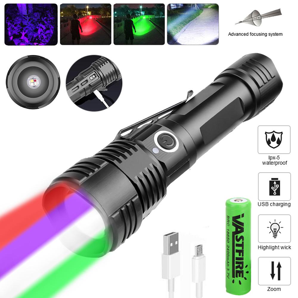Tactical Flashlight Zoomable Red/Green/UV/White Powerful Torch USB Rechargeable Hunting Torch Professional Night Scout Lights