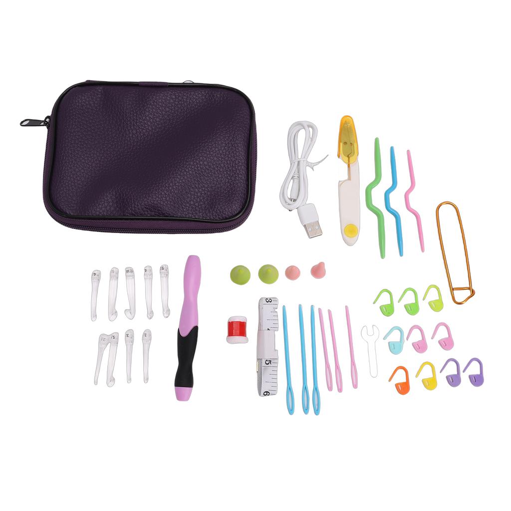 9 In 1 Light Up Crochet Hooks Set Rechargeable LED Lighted Crochet Hooks Adjustable Brightness with Purple PU Leather