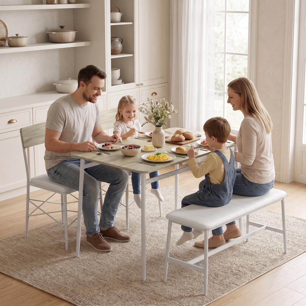 Dining Table Set with 2 Chairs and Bench, Upholstered Seats, Oak and White