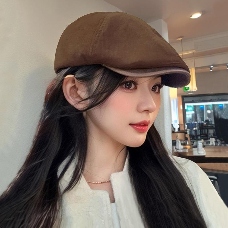 Trendy retro forward hat women's new spring and autumn big head circumference peaked cap corduroy American reverse beret