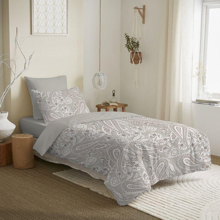 Pack complet housse de couette réversible pour lit 90 x 190 cm Cachemire naturel