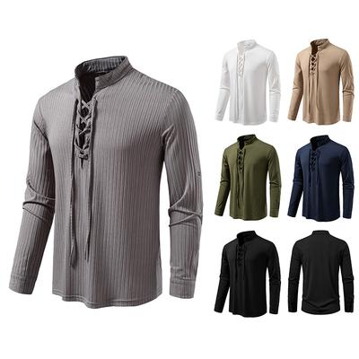 Men's Lace-Up Stand Collar Striped Shirt Long Sleeve Casual Top for Men Spring Autumn Fashion Multi-Color Textured Male Blouse