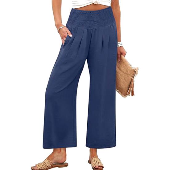 Casual Pants Anti-Wrinkle Elastic Waistband Long Pants with Pockets Pure Color Loose Fit Wide