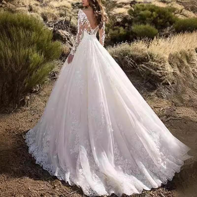 2024 Women's Lace Wedding Dress with Floral Train and Elegant Swing Evening Gown