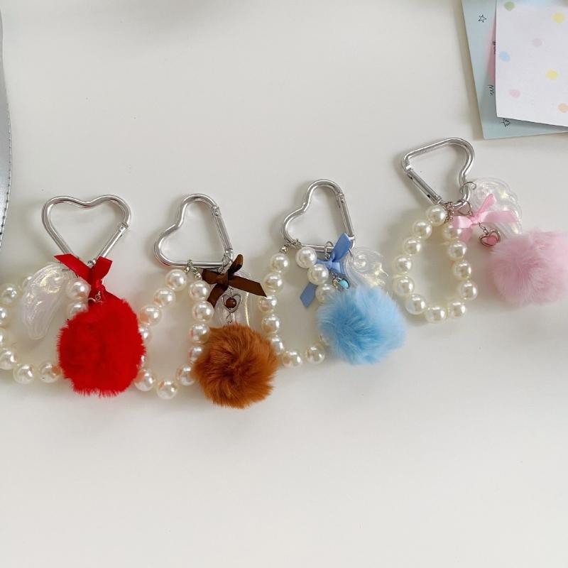 Elegant Pearls Pompoms Wing Keychain Winter Stylish Bag Charm Phone Ornament Fashion Accessory Gift For Her
