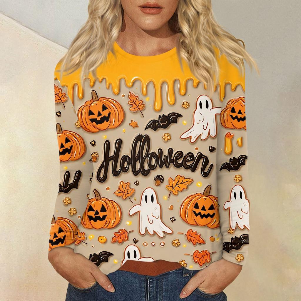 Women's Fashion Casual Halloween Printed Round Neck Long Sleeve Pullover Top