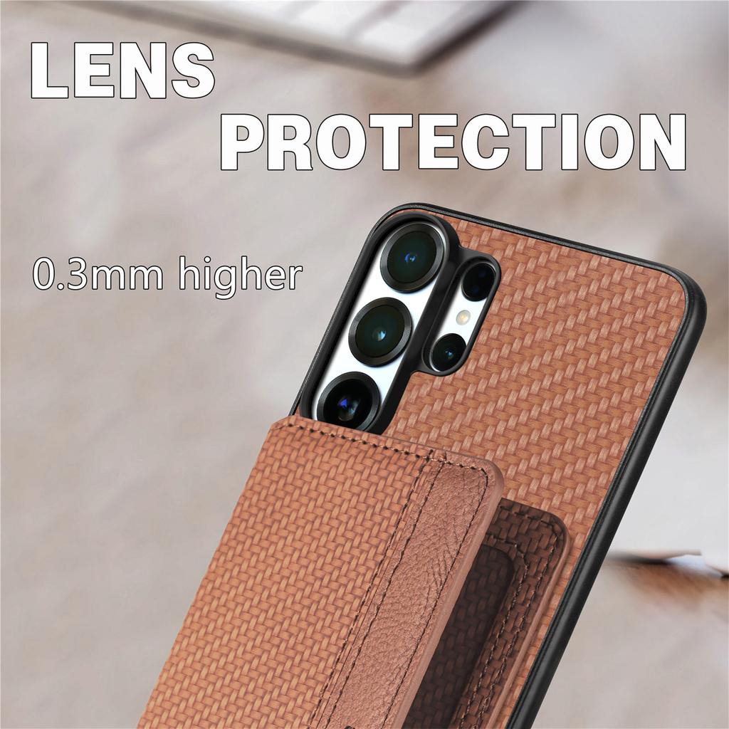 Business Magnetic Carbon Fibrer Cards Solt Wallet Phone Case For Samsung S25 Ultra S24 Plus S23 A17 A07 Kickstand Flip Cover