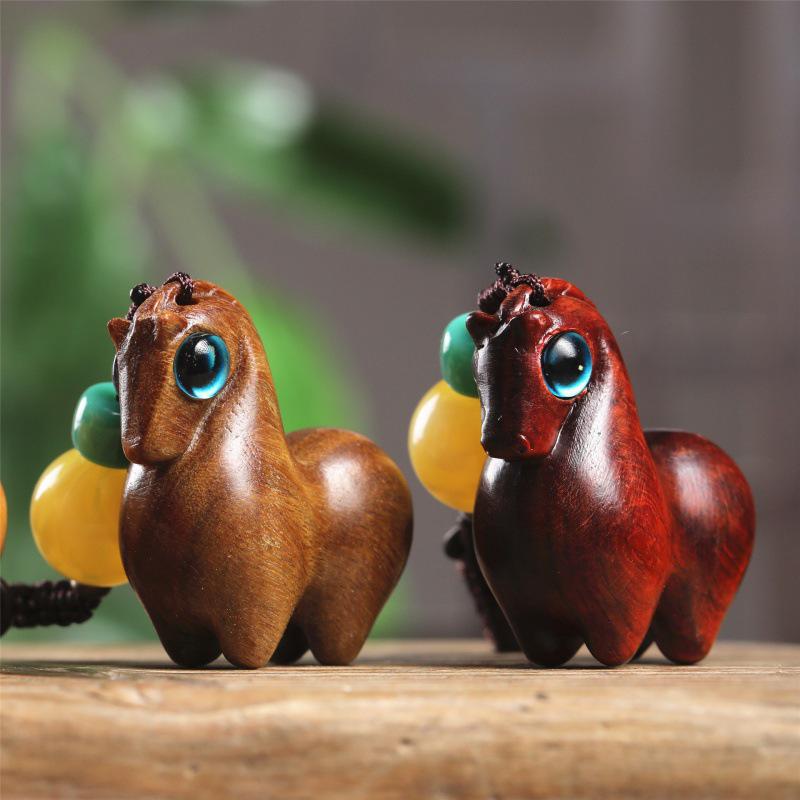 Zodiac Horse Rosewood Pendant with Green Sandalwood and Redwood Charms Keychain