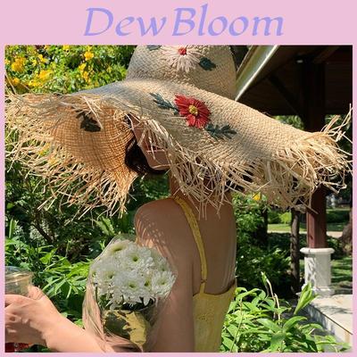 Raffia Strohsonnenhut für Damen mit Blumenstickerei Atmungsaktiv Breiter Rand Sonnenschutz Sommer Accessoire