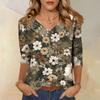 Women's V-Neck Three-Quarter Sleeve Small Floral Print Blouse - Loose Fit Casual Top for Summer