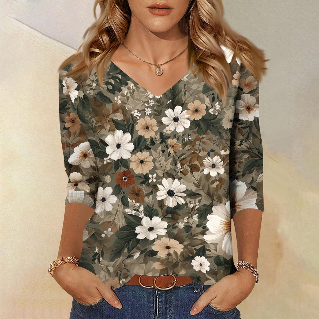 Women's V-Neck Three-Quarter Sleeve Small Floral Print Blouse - Loose Fit Casual Top for Summer