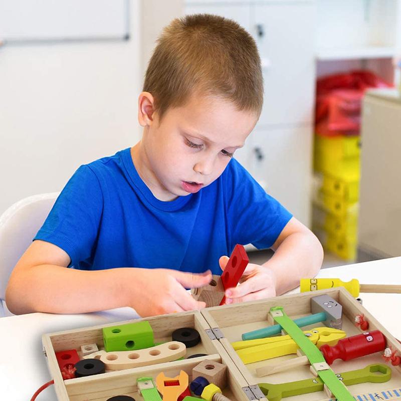Giocattoli Educativi Montessori per Bambini Set Gioco di Ruolo Cassetta degli Attrezzi in Plastica e Legno Bambini Montaggio Dadi e Viti Strumento da Falegname di Simulazione