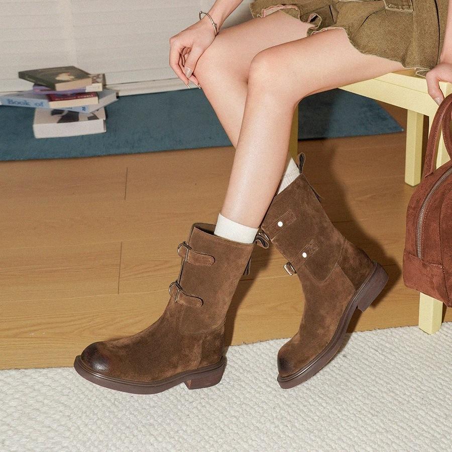 Leather Version~ Retro Polished Belt Buckle Western Cowboy Boots Slim Short Boots Women's Maillard Martin Boots Locomotive Boots