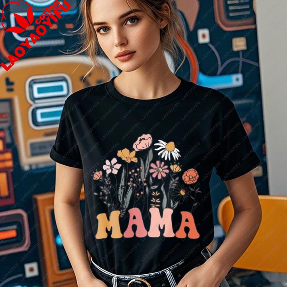 Mama Floral Shirt Women Mom Vintage Boho Wild Flowers Graphic Tshirt Cottagecore Gardening Tops Mothers Day Gift Casual Tee