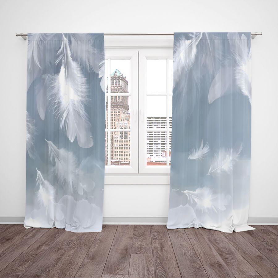 2 Pieces Of Elegant White Feather Printed Curtains, Through-Pole Curtains, Bedroom And Living Room Curtains,