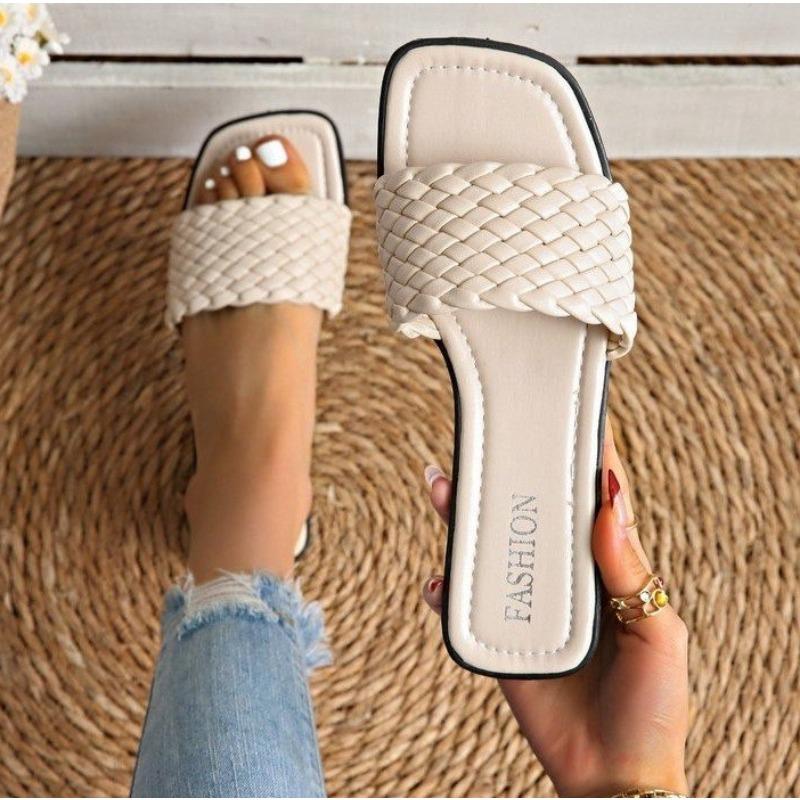 Fashion New Women's Slippers Summer Selling Sexy Braided Red Square Toe Flat Flip-Flops Fashion Beach Mules Casual Indoor Home Slippers