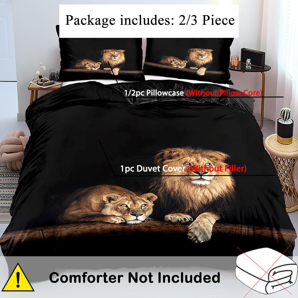 Black Lion Pattern 3D Printed Quilt Cover Set Wild Animals Theme Bedding Set For Kids Teens Adults Soft Quilt Cover Pillowcases