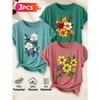 Lele Directional Three-piece set for women, elegant style T Shirt Hibiscus autumn leaves and berries floral print with an artistic and whimsical