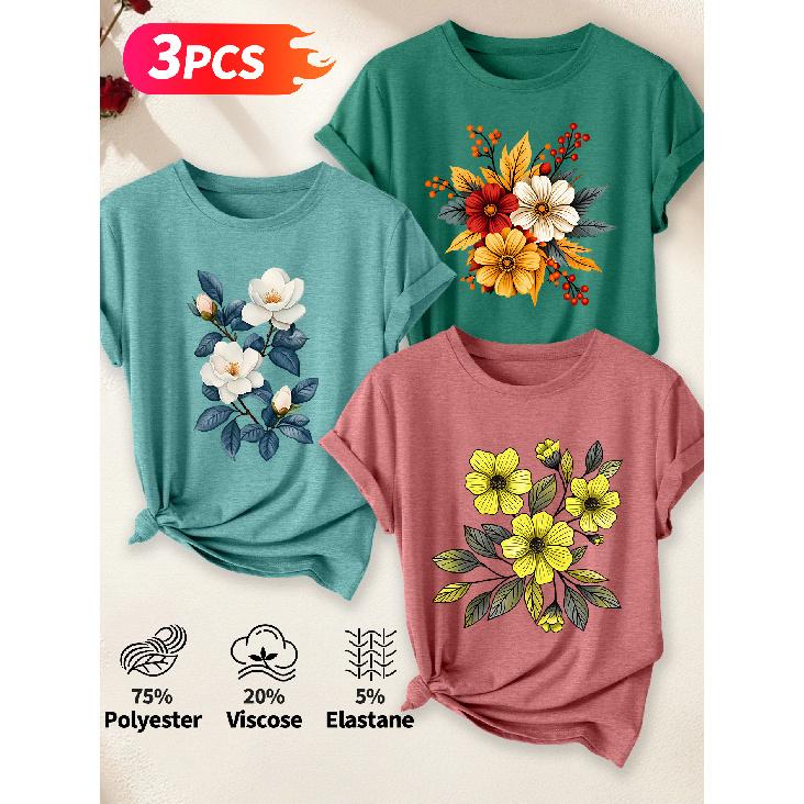 Lele Directional Three-piece set for women, elegant style T Shirt Hibiscus autumn leaves and berries floral print with an artistic and whimsical