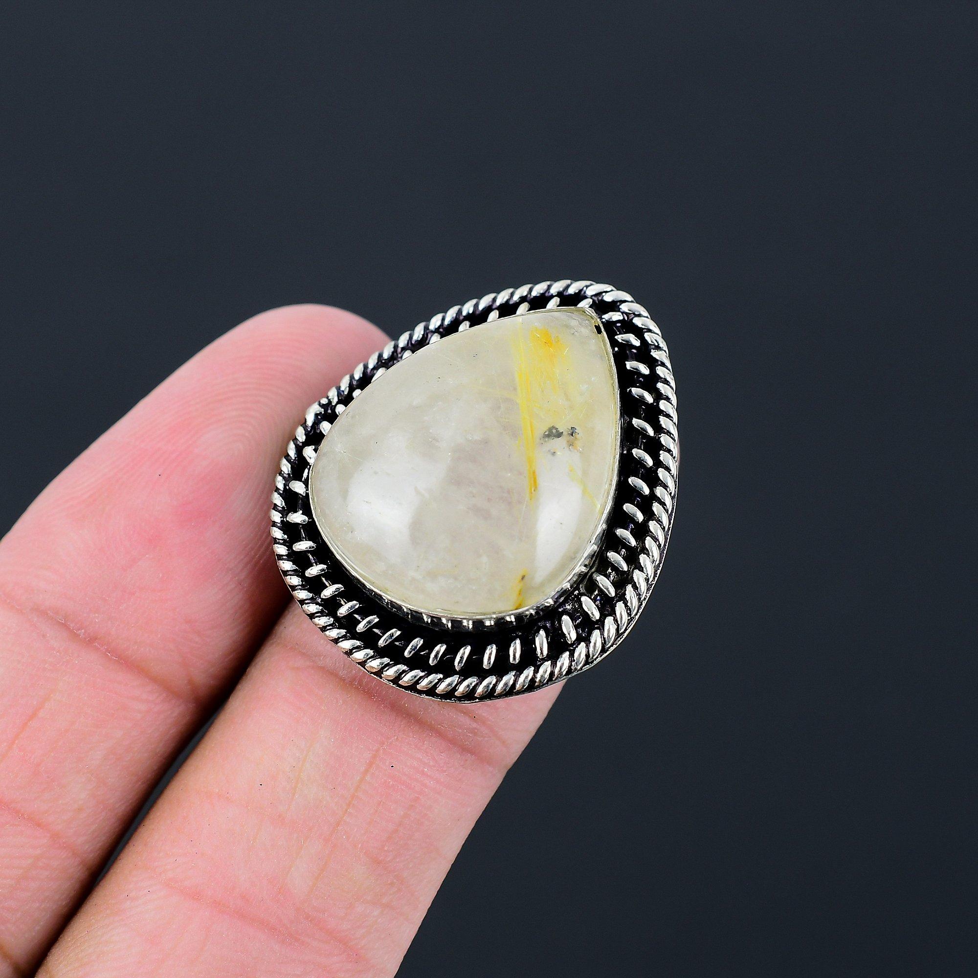 925 Sterling Silver Golden Rutile Stone Sister Stackable Ring Jewelry Size 6.5 6.5