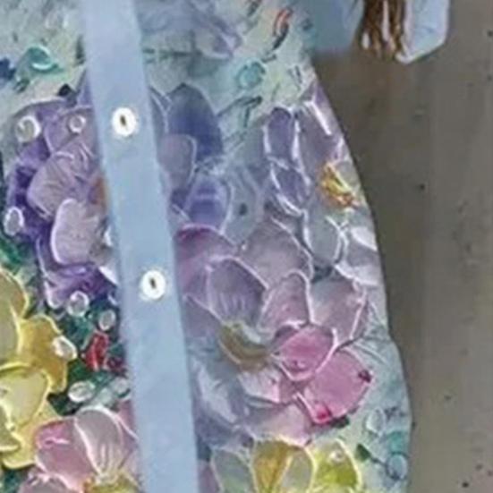 Lady Shirt Butterfly Print Turn-down Collar Single-breasted Artistic Spring Top for Daily Wear