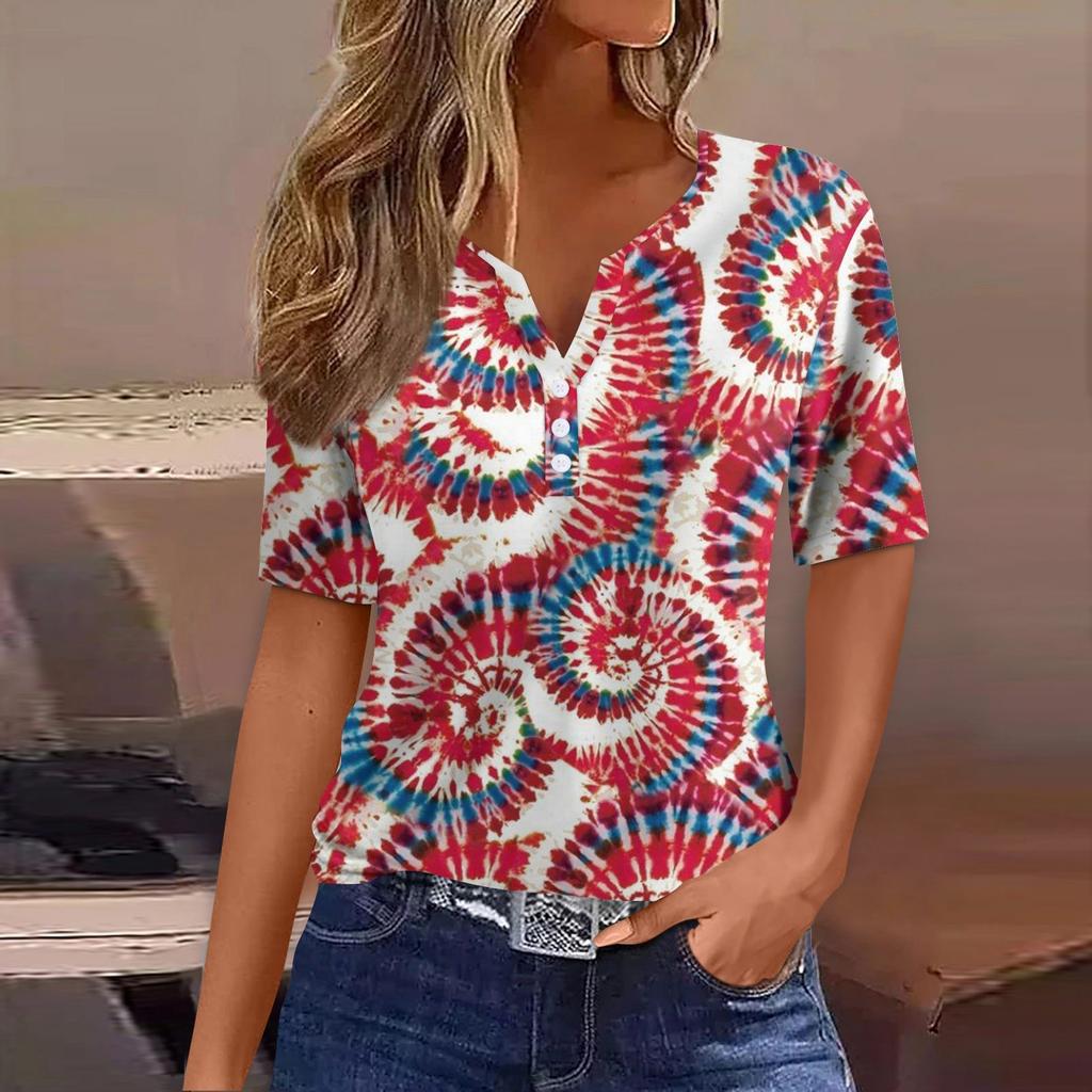 Women's T Shirt Tee Print Button Short Sleeve Daily Weekend Fashion Basic V- Neck Regular Top