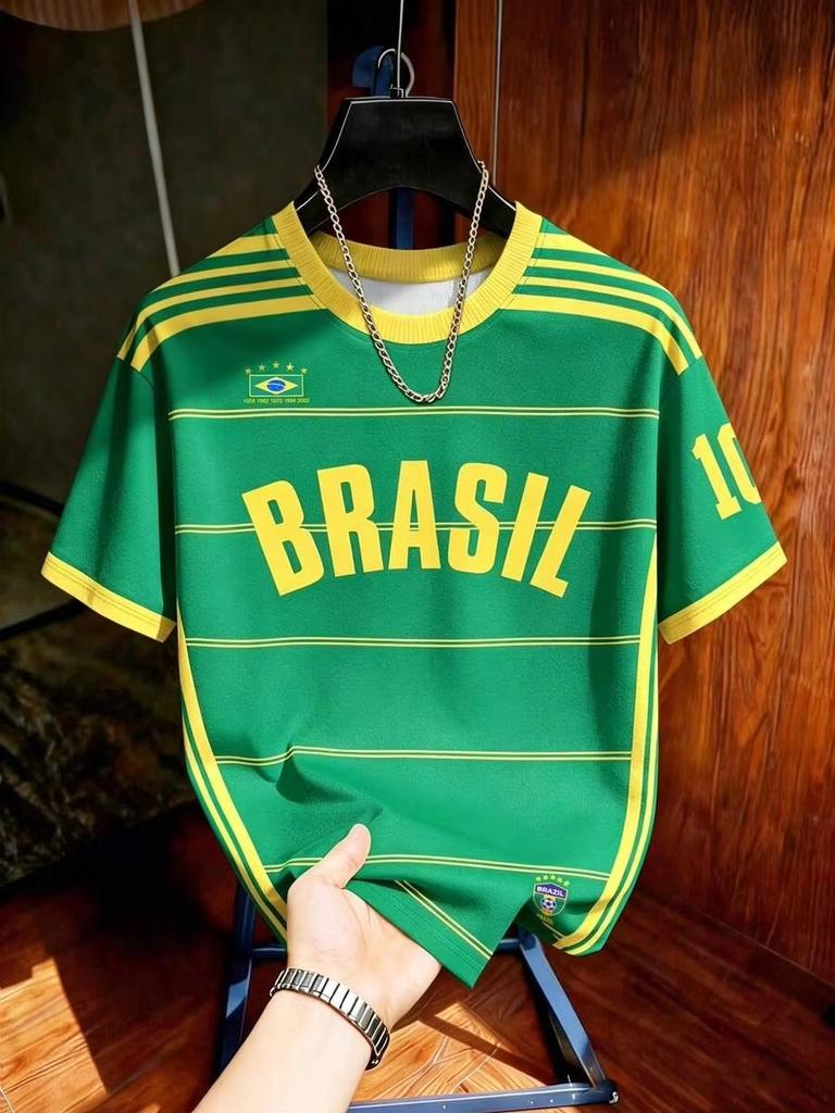 Brazil Football T-Shirt Soccer Jersey Stripe & Retro Print Breathable Quick Dry Training Short Sleeved Tops Tees Chic Clothes