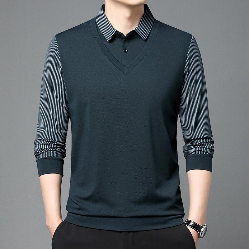 Popular Fake Two-piece Thin Long-sleeved Men's Shirt Collar Spring Autumn New Striped Casual Tees Bottoming Shirt T-shirt