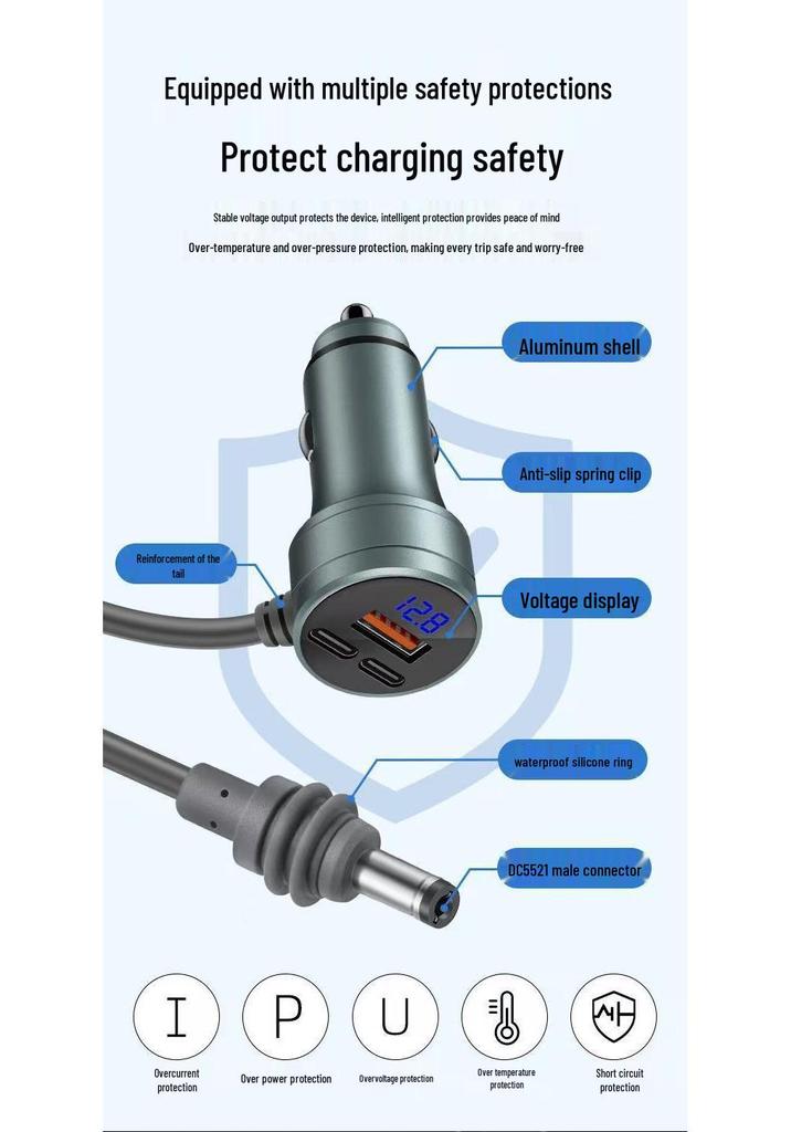 Three-Port Mini DC to Cigarette Lighter Car Charger with 5521 Extension Cord