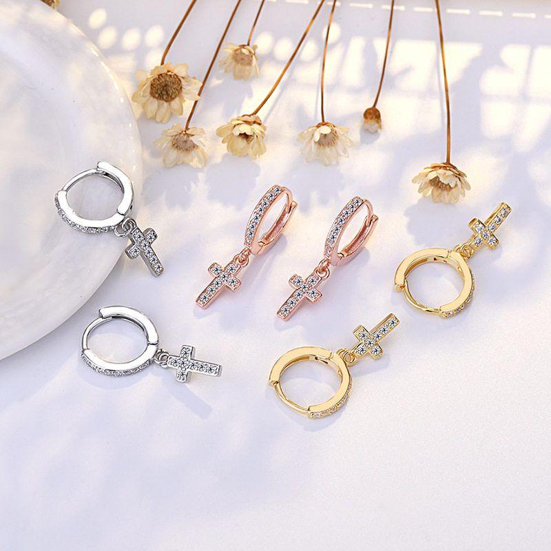Silver-Plated European and American Cross Earrings for Women, Simple and Elegant, Fully Encrusted with Zirconia, Hoop Earrings, Factory Direct Sales
