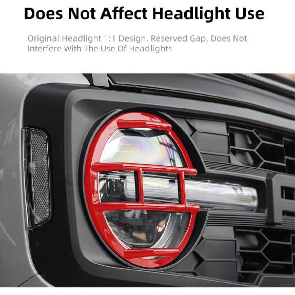 Red Headlight Cover for 2021-2024 Ford Bronco, Headlight Protector Guard with Anti-Scratch Trim - Pair, Durable Front Grille Off-Road Protective